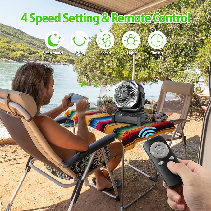 AddAcc 20000mAh Rechargeable Camping Fan - Battery Operated Fan with Light & Remote, Auto Oscillating, 4 Timer, 60 Hrs Work Cordless Tent Fan for Travel Outdoor RV Garage Power Outage Emergency