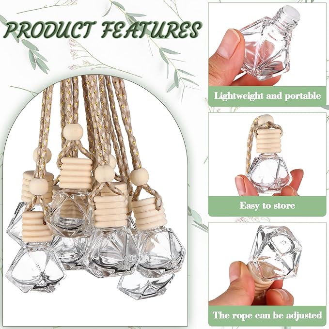 210Pcs 8ml Hanging Car Air Freshener Diffuser Empty Clear Glass Essential Diffuser Oil Aromatherapy Fragrance Perfume Pendant Glass Vials with Wooden Caps Hanging String Car Diffuser Bottles