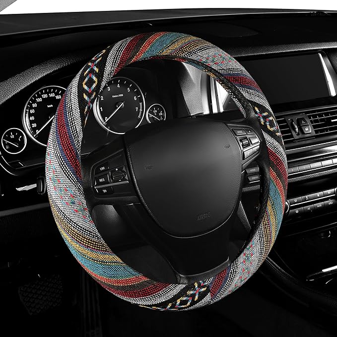 GXT 15 inch New Baja Blanket Car Steering Wheel Cover Universal Fit Most Cars Automotive Ethnic Style Coarse Flax Cloth (Red Blue)