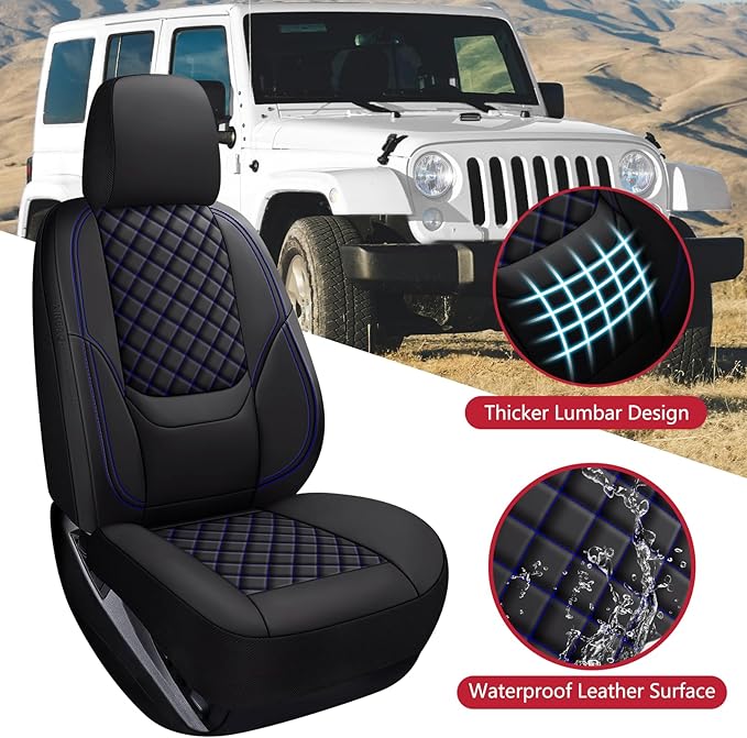 Wrangler Seat Covers 2007-2026 Full Set, Waterproof Leather Interior Sets with Lumbar Support Custom Fit for Jeep Wrangler JK JL 4 Door Unlimited Sahara/Sport/Rubicon X 392 Willys, Black Blue