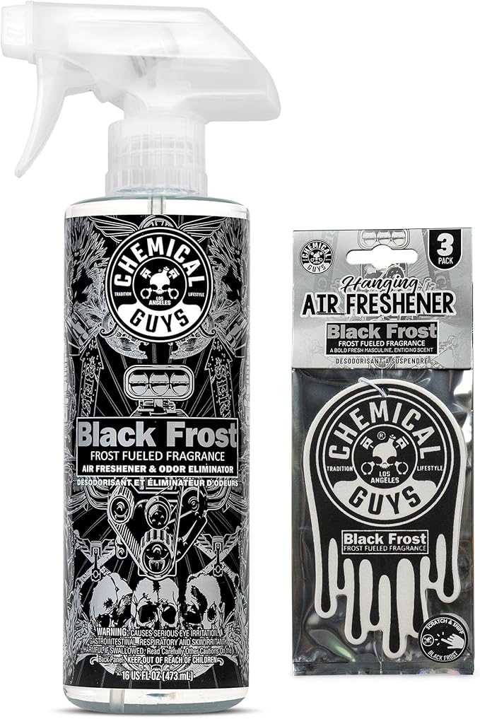 Chemical Guys Black Frost Air Freshener and Odor Eliminator, 16 fl oz Spray with 3 Pack of Hanging Air Fresheners (Great for Cars, Trucks, SUVs, RVs, Home, Office, Dorm Room & More) - HOL432