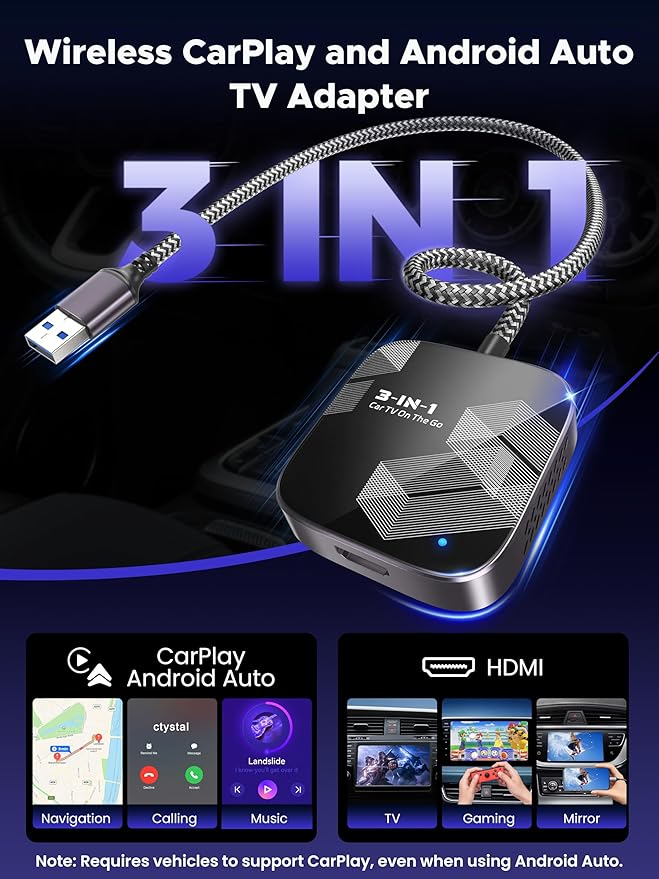 3-in-1 Wireless CarPlay Adapter 2026, Android Auto & Car Play Converter with HDMI Input for Fire TV Stick, Screen Mirroring & Streaming for Netflix/YouTube, Metal&Glass Case, Fit for 2016+ Cars -Black