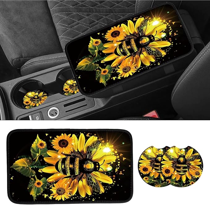 Car Armrest Cover Pads Universal Fashion Cute Auto Center Console Armrest Cover Pad with 2PCS Car Coasters Soft Waterproof Seat Protector for Women, Sunflower Bee