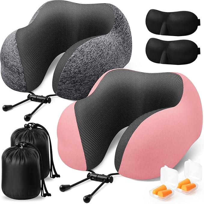Travel Pillow, 2 Pack Travel Pillows for Sleeping Airplane, Neck Pillow Airplane, Memory Foam Neck Pillow Set with Eye Mask, Earplugs and Storage Bag -Grey & Pink