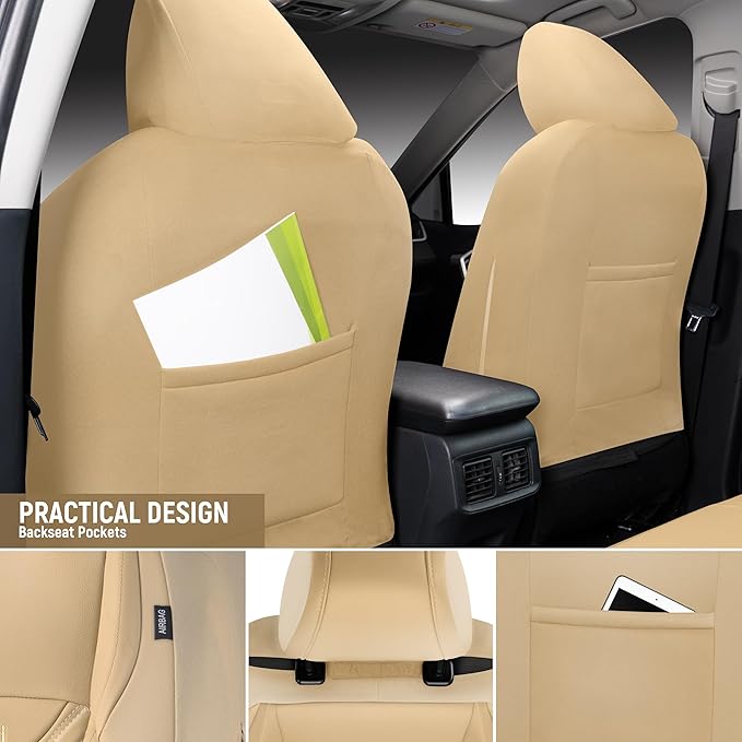 PU Leather Car Seat Covers Full Set – Waterproof seat Cover for Cars，3D Foam Support Automotive seat Covers ，Airbag Compatible, Universal Fit for Cars SUVs Trucks Sedans（Khaki）