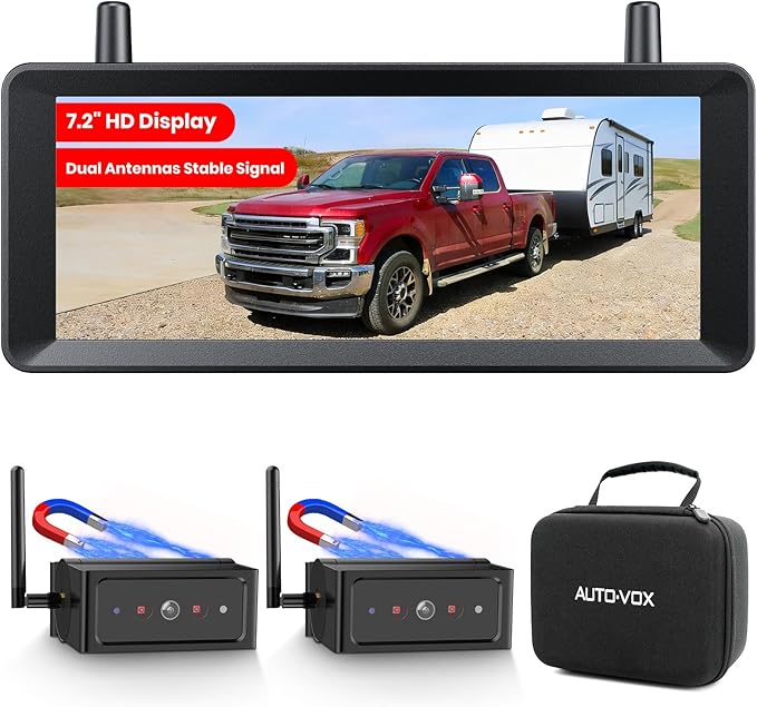 AUTO-VOX 7.2" Wireless Magnetic Backup Camera with Monitor, 1-Min Install, 1080P Dual Camera, 500ft Stable Signal, Built-In DVR Recording, IR Night Vision Backup Camera for RV, Truck, Trailer & Camper