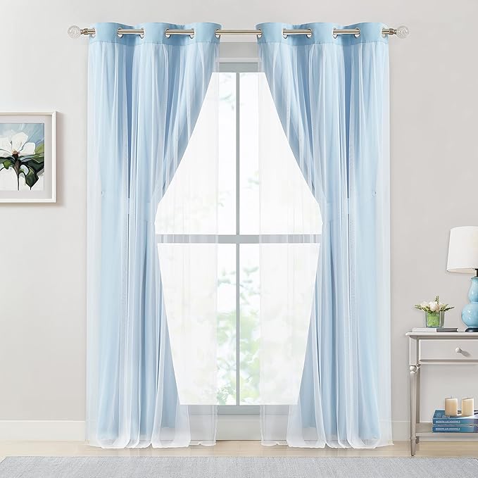 Bujasso Sky Blue 80% Blackout Curtains with Sheer Overlay Mix and Match Double Layer Thermal Insulated Window Panels 95 inch for Living Room Bedroom Blue Drapes with Tiebacks Grommet Top 37" Wx95 Lx2
