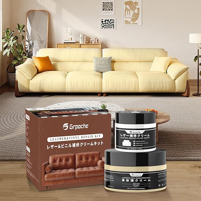 Leather Recoloring Balm Beige, Mink Oil Leather Conditioner & Leather Filler Cream, Leather Repair Kit for Furniture,Vinyl Repair Kit Restore Couches, Car Seats, Purse, Scratch, Peeling, Burn Holes