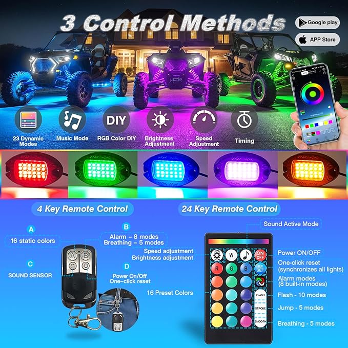 4Pods Aluminum RGB LED Rock Lights for ATV UTV 4 Wheeler Can-Am SXS RZR Side by Side Offroad Golf Cart with APP/RF Remote Control, Waterproof Multicolor Metal Alloy Case Segmented Underglow Light 12V
