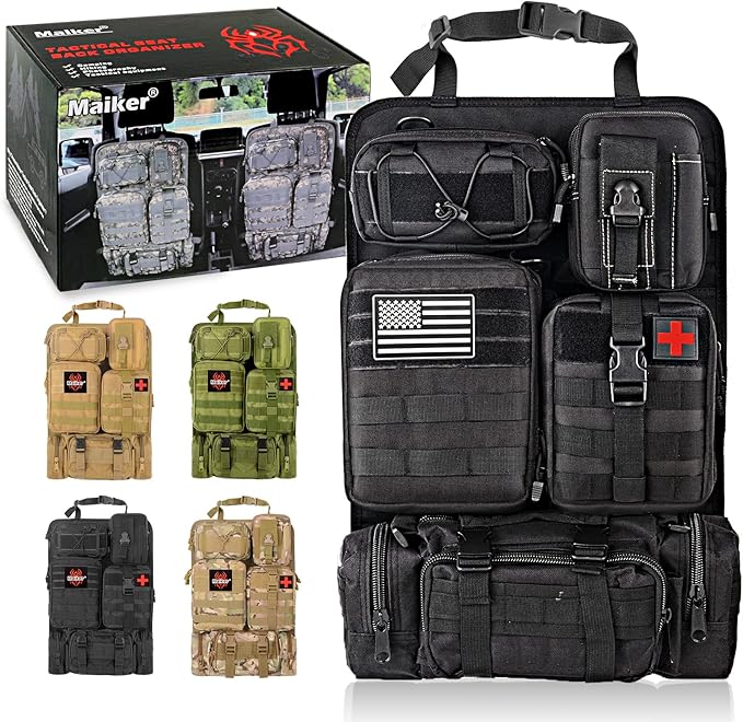 MAIKER Tactical Car Seat Back Organizer, Upgrade Tactical Vehicle Panel Organizer with 5 Detachable Molle Pouch, Universal fits for Most of Vehicle Black