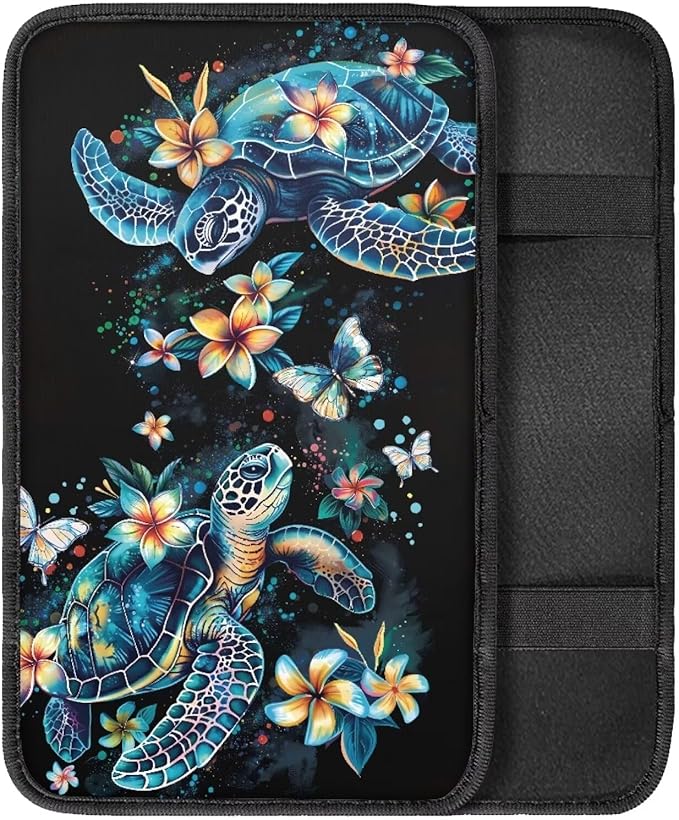 Car Center Console Cushion Pad Comfortable Auto Center Console Armrest Cover, Turtle Floral Car Interior Accessories Auto Armrest Box Cushion Pad for Most Cars