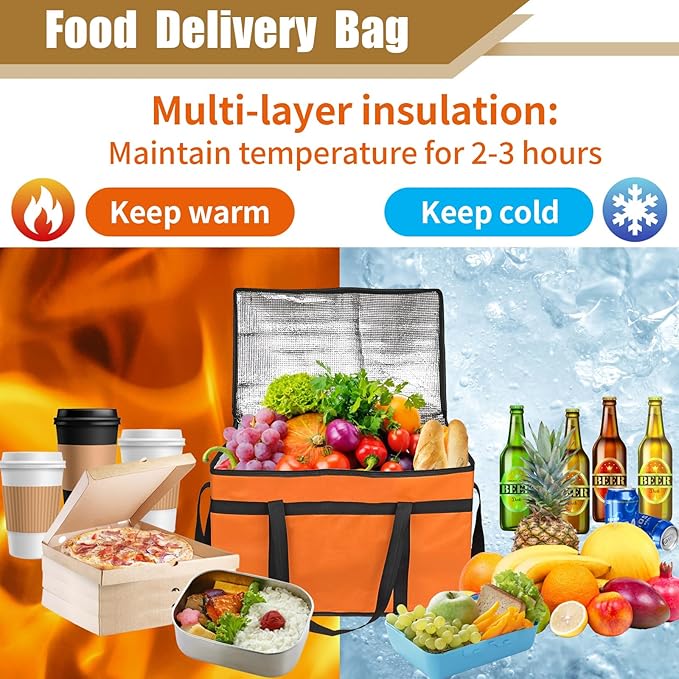 PEASUG Insulated Bags for Food Delivery, XXXL Pizza Delivery Bags, Large Capacity Cooler Bag Keep Food Warm for Grocery Shopping and Catering, Foldable, Heavy-Duty (Orange)