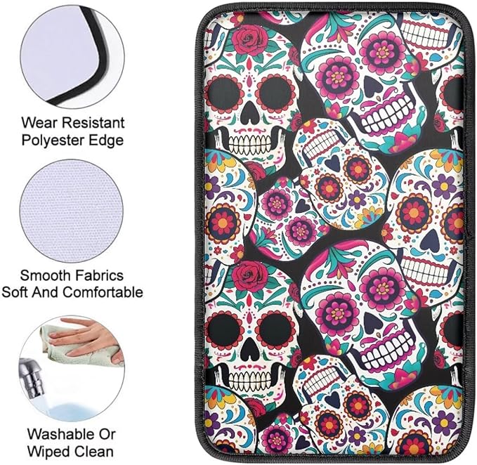 Dreaweet Sugar Skull Center Console Armrest Pad Cover Halloween Car Accessories Soft Comfort Arm Rest Cover Pad Universal Middle Console Covers for Cars SUV Truck Sedan