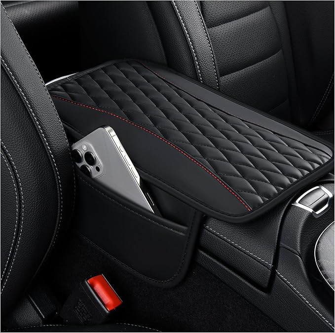 IHOTDER Patchwork Leather Center Console Covers for Cars,Upgraded Arm Rest Cover for Car with Side Storage Pocket for Car Seat Organizer,Middle Console Cover Stylish Car Decoration (Black)
