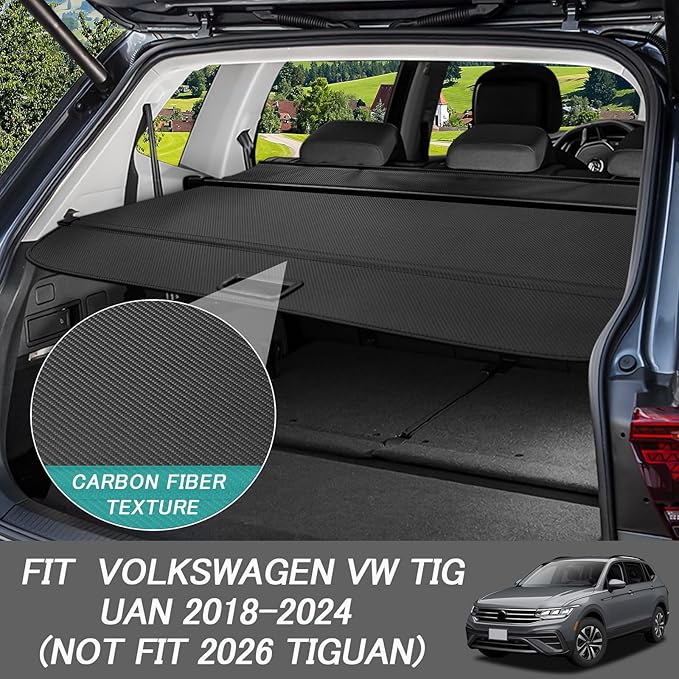 Cargo Cover for Volkswagen VW Tiguan 2024-2018 (Not Fit 2026 Tiguan) Accessories Retractable Trunk Cover Security Shielding Shade Cargo Luggage Cover Trunk Privacy Protection