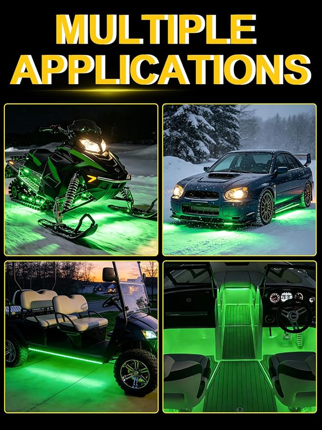 YM E-Bright Green Led Strip Lights for Cars, 10.6 inch 27CM 5050 15 SMD Waterproof Car Underglow Lights Motorcycles Boat Decoration Led Interior Exterior Lights Strip,DC-12V, Pack of 4