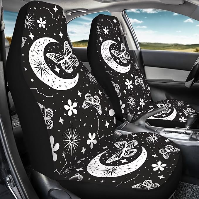 BIGCARJOB Moon Butterfly Car Seat Cover Set for Front Seat Only,2 Pack Black Butterfly Auto Front Seat Protector Saddle Blanket for Women Car Interior Accessories