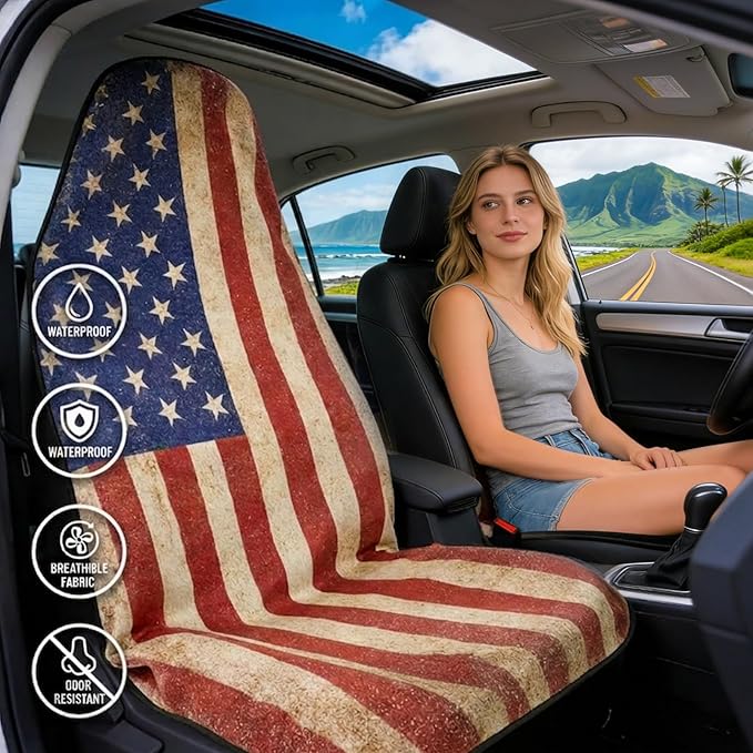 ZIMABLUE 1-Pack American Flag Car Seat Towel Protector - Waterproof & Sweatproof Seat Cover for Post-Gym, Beach, Yoga & Sports - Non-Slip Universal Fit for SUV, Sedan - Machine Washable