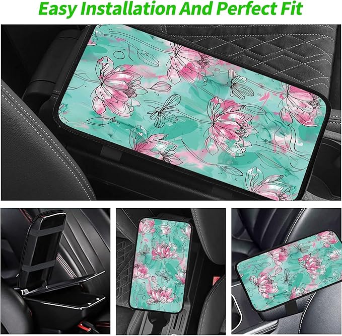 Car Armrest Cover Pads Universal Fashion Cute Auto Center Console Armrest Cover Pad with 2PCS Car Coasters Soft Waterproof Car Armrest Seat Protector for Women, Watercolor Pink Lotus