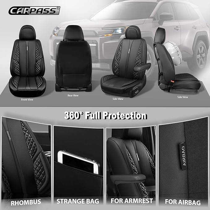 CAR PASS Nappa Leather Car Seat Covers Front Seats Only, Luxury PU Leatherette Seat Covers 2 Pack Waterproof Durable Car Seats Cushion Protector Universal Fit for Sedan SUV Pick-up Truck Van All Black