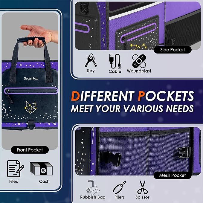 SugarFox 63L Car Trunk Organizer for SUVs & Small/Midsize Cars - Fluorescent Design, Waterproof, Collapsible with Adjustable Straps (Purple-M004)