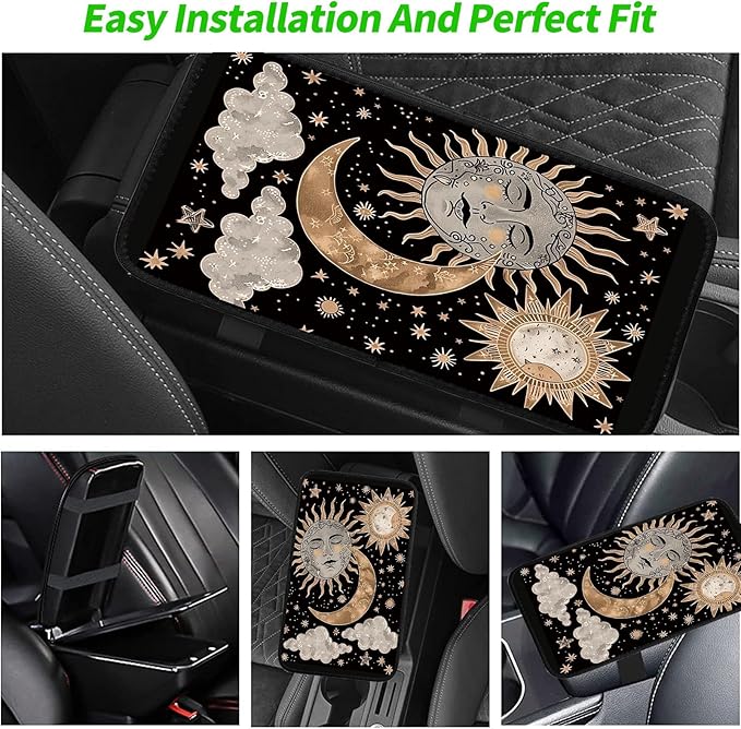 Car Armrest Cover Pads Universal Fashion Cute Auto Center Console Armrest Cover Pad with 2PCS Car Coasters Soft Waterproof Car Armrest Seat Protector for Women, Sun Moon Clouds Stars