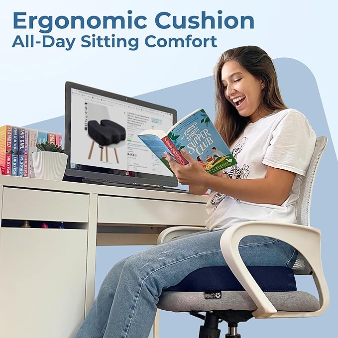 5 STARS UNITED Seat Cushion - Memory Foam Chair Cushion for Tailbone Pain Relief - Ergonomic Support for Coccyx, Sciatica & Butt - Office, Desk & Gaming Chair, Car Seat, Wheelchair, Airplane, Blue