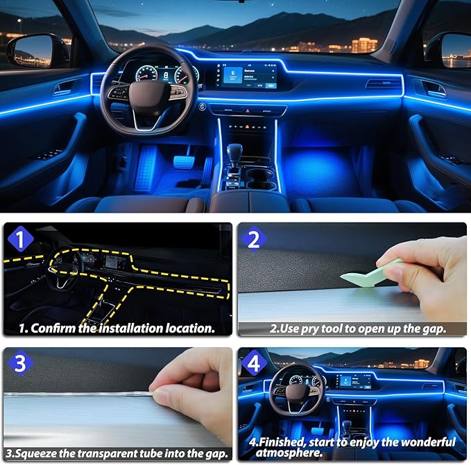 5 in 1 Car Led Strip Lights with App Control, RGB Colors Interior Car Lights, Ambient Led Lighting Kit, 4 Light Flashing Modes, USB Neon Accessories for Doors, Center Console