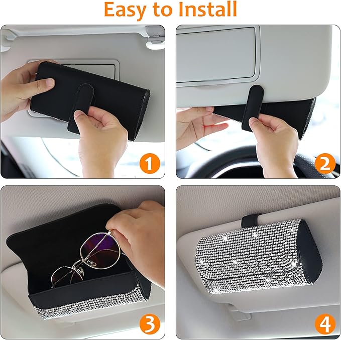 Accmor Bling Sunglasses Holder for Car Sun Visor, Sparkling Eyeglasses Car Visor Clip Storage Glasses Organizer Case, PU Leather Auto Sunglass Holder Protective Box for Truck, SUV, RV (White)