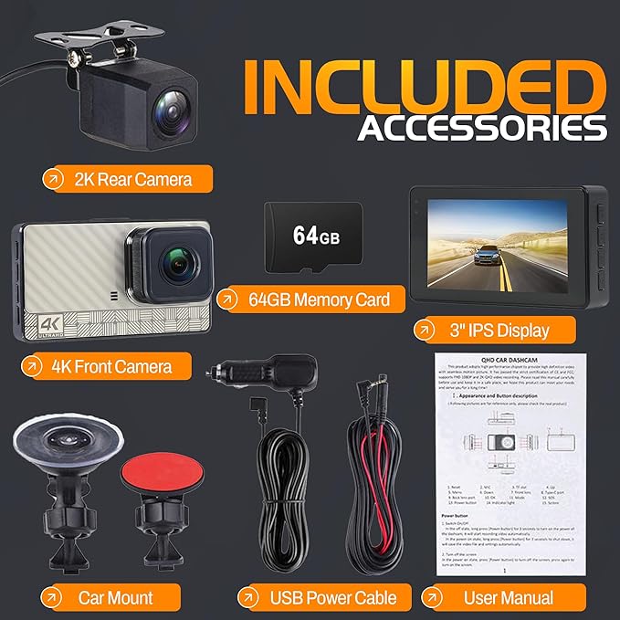 4K Front Dash Cam & 2K Rear Full HD Dash Camera for Cars, Included 32GB Card, 170° Wide Angle, Built-in Wi-Fi, 3" IPS Screen, Night Vision, WDR/HDR, 24hr Parking Monitor