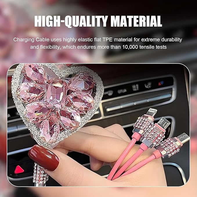 Multi Charging Cable, 3 in 1 Multi Charger Cable with Type-C/Lightning/Micro USB Connectors, Rhinestone Retractable Car Charger Cord, Universal for Most Phones, Tablets (Pink)