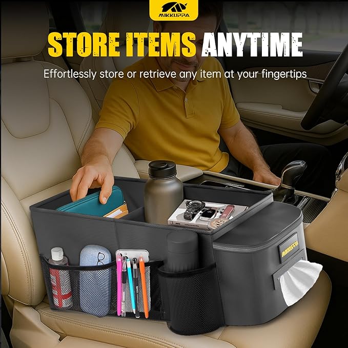 MIKKUPPA Car Seat Organizer - Front Passenger & Backseat Organizer with Tissue Box & Cup Holder, Car Seat Storage Box with Mesh Pockets, Road Trip Essentials for Kids