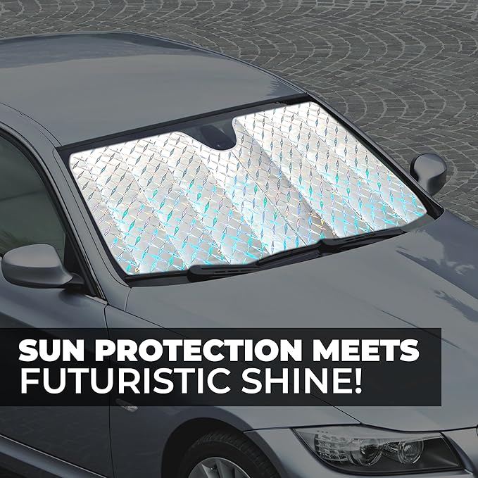 EcoNour Large Holographic Car Windshield Sunshade | UV & Heat Reflector Sun Shield for Cars | Foldable Accordion Design | Fits Sedans, Hatchbacks | Large - 58 x 27.5 Inches