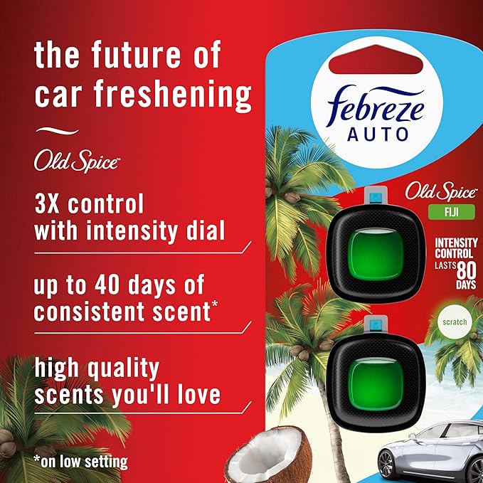 Febreze Odour-Fighting Auto Air Freshener, Car Vent Clip, Old Spice Fiji, 4ct