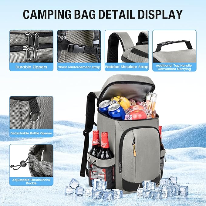 Cooler Backpack - 40 Cans Insulated Leak Proof Backpack Cooler Portable Picnic Camping Beach Hiking BBQ Picnic Bag for Men and Women -Grey