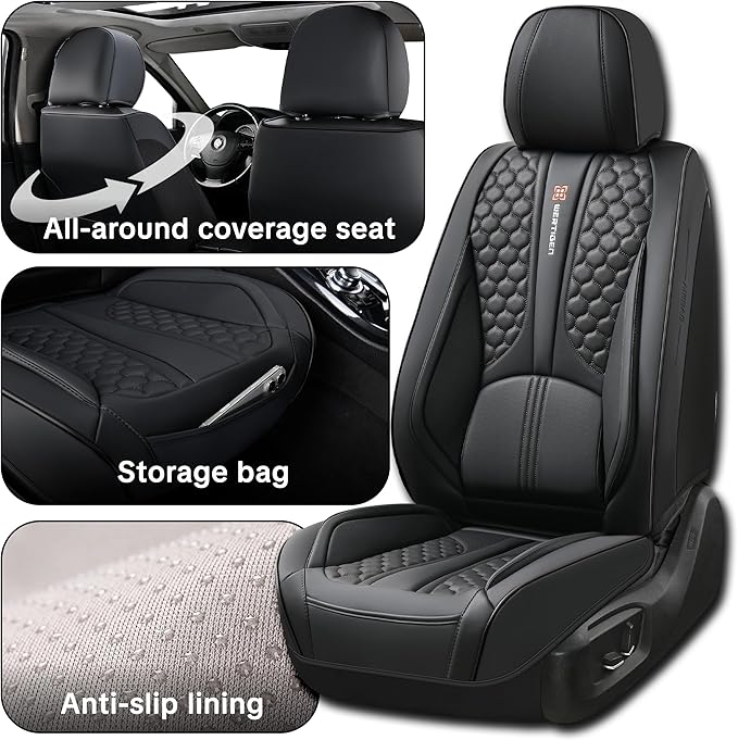 Black Universal Car Seat Covers Premium Nappa Leather with Lumbar Support Waterproof Full Set Non-Slip Contoured Fit Airbag Compatible Fits Most Vehicles Easy to Clean and Install