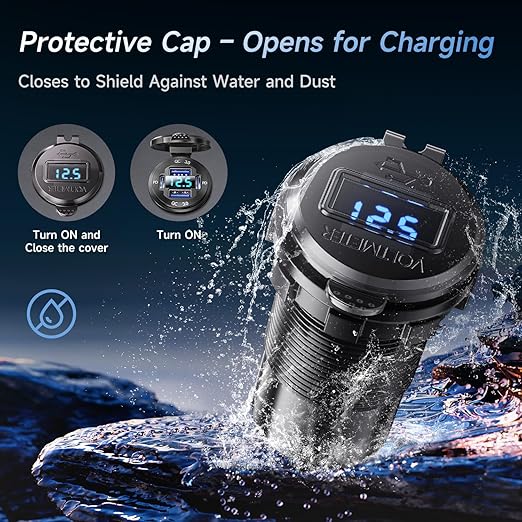 12V USB Charger with 4 Ports, Upgraded Aluminum Alloy Car Outlet with LED Voltmeter Display, for 12/24V Car Golf Cart Boat Marine Bus Truck RV Marine Motorcycle etc. (1PC)