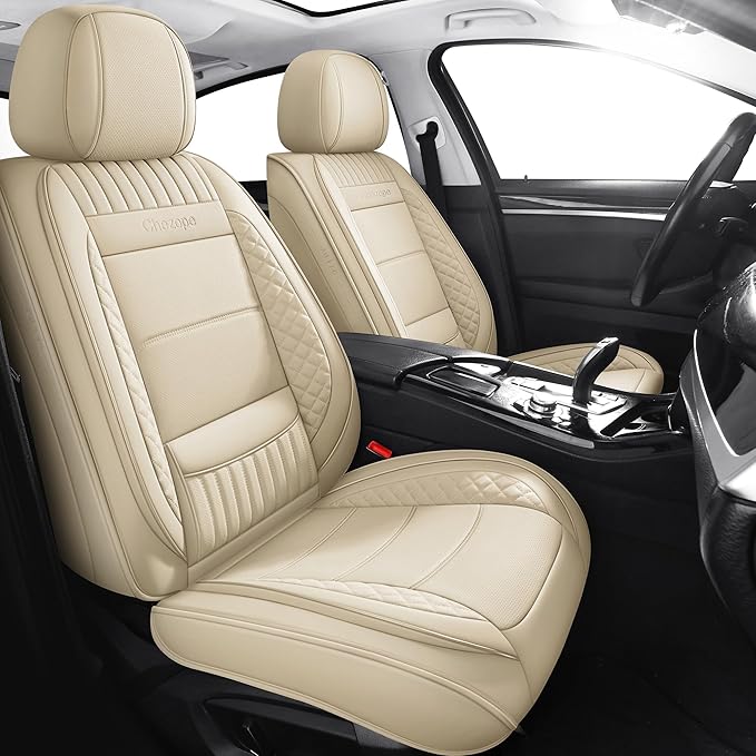 Chezope Car Seat Covers Full Set, Beige Leather Seat Covers, Breathable Front and Back Car Seat Protectors, Wear-Resistant Seat Covers Universal Fit for Most Cars SUV Truck (Beige-Stripes-A, Full Set)