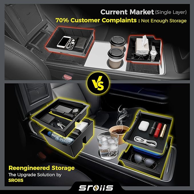 Sroiis® Gen 2 Double-Layer Center Console Organizer Set for Tesla Model Y Juniper Accessories (2025 2026) True 2-Tier Storage System [ Upper Tray + Hidden Lower Compartment ] - 3PCS Jet Black