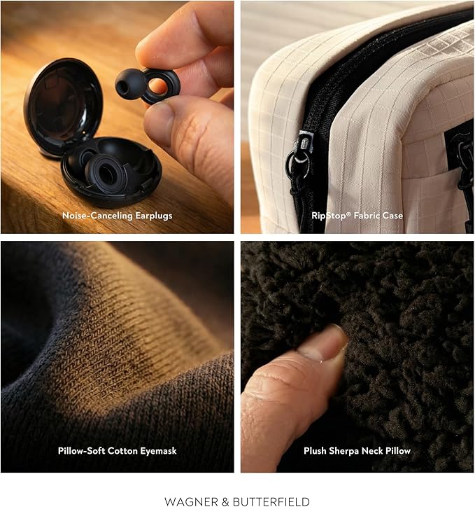 Slim Travel Neck Pillow for Long Flights, 360° Memory Foam Support Travel Neck Pillow with Premium Airplane Comfort Essentials 5pc Set, Best for Sleeping on Airplanes, Cars, Trains | Compact Bag