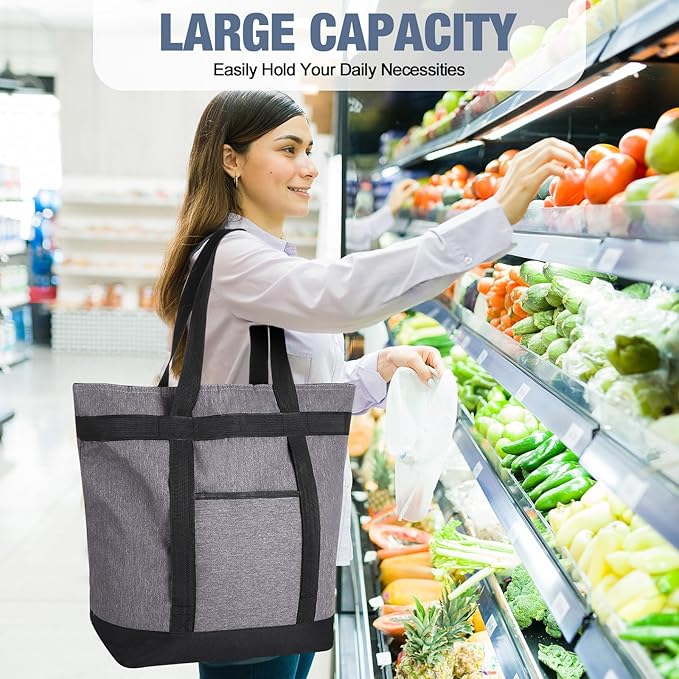 Pickmesh 6 Pcs Large Insulated Cooler Bags With Thermal Foam - Grocery Shopping Food Delivery Travel Beach Bags for Grocery, Travel, Beach (Gray Hemp)