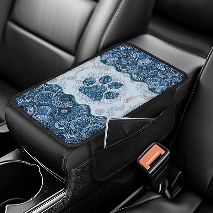 Boho Mandala Dog Paw Pattern Car Armrest Cover with Side Pockets Stretchy Car Armrest Cushion Wear-Resistan Automobile Box Cover Protector Center Console Armrest Cover Pad, Blue