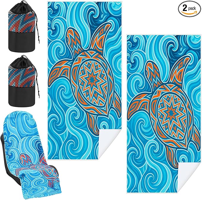 2 Pack Car Seat Towel Covers with Storage Bag 63 x 32 Inch Athletic Running Towel Seat Sweat Washable Non Slip Cover Gift for Car Outdoor Sport Activities (Colorful Sea Turtle)