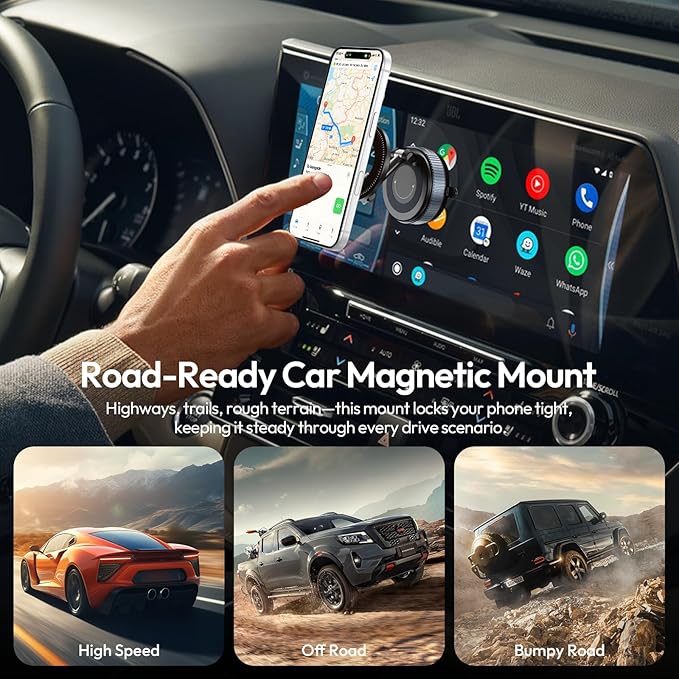 ULANZI Vacuum Suction Cup Phone Mount, 360° Rotatable Magnetic Phone Holder with Adhesive Pad, ≥14N Magnet for Car Kitchen Gym, Car Truck Accessories for iPhone 17 16 Vehicle Mounts