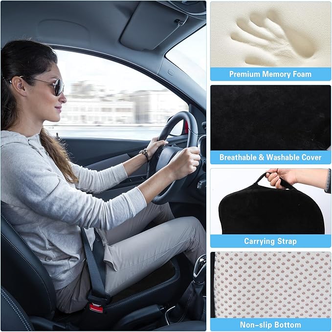 Car Seat Cushion for Sciatica Pain Relief, Extra Large Ergonomic Memory Foam Seat Pad for Lower Back & Tailbone Support, Cushion for Long Driving, Office Chair, Truck, Wheelchair - Black