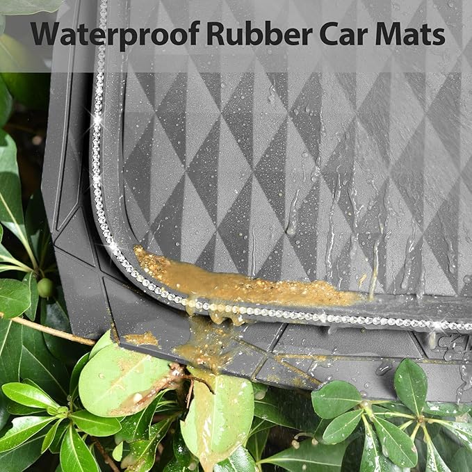 CAR PASS Bling Diamond Rubber Car Mats, Heavy Duty Deep Dish All-Weather Floor Mat Full Set Anti-Slip 3D Rhombus Waterproof Trim Fit Liner Universal Glitter Sparkly Shining Rhinestone, Gray Rubber