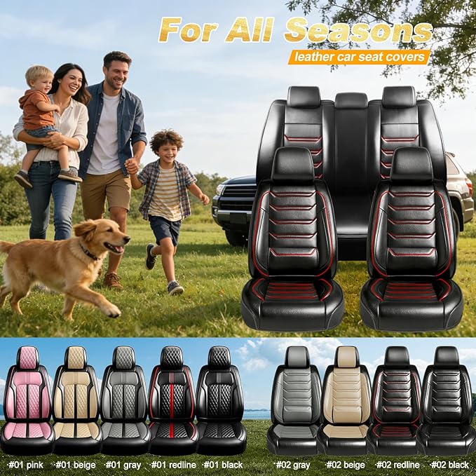 Fit Impala Car Seat Covers for Select Chevrolet/Chevy Impala 2000-2020, Premium Full Coverage Leather, Airbag Compatible, Waterproof All Weather Seat Protector, Full Set, Red Trim