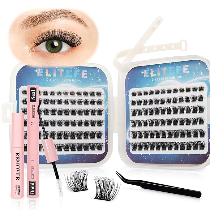 Lash Extension Kit DIY Lash Clusters Kit Eyelash Extensions Individual Lashes Extensions with (Bond,Seal,Tweezers,Remover,120Pcs,Goddess,8-16)