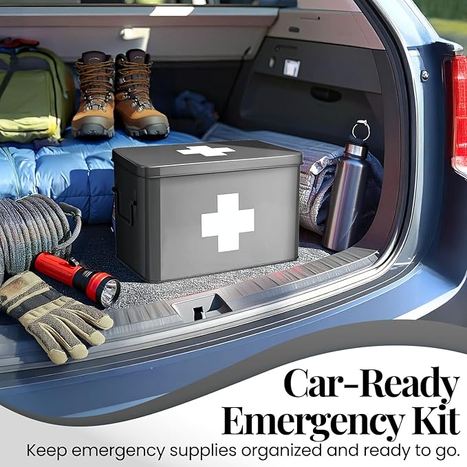 Flexzion Vintage First Aid Kit - 13" Gray Metal Box with Dividers, Removable Tray and White Cross Logo
