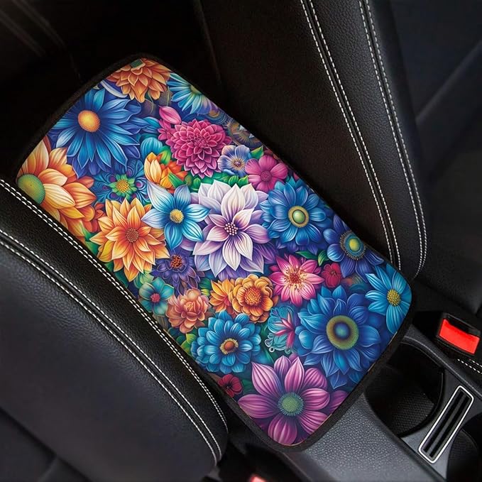 Boho Mandala Flower Car Center Console Armrest Cover Boho Car Accessories Dust-Proof Auto Armrest Box Cover Center Console Pad for Truck Sedan SUV, Easy to Install